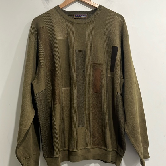 Vintage AEFFE Wool Blend Crewneck Sweater army green geo pattern knit size XL - Picture 1 of 11
